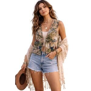 Vintage Toby Weston Tapestry Vest Cottagecore Boho Festival Open Front Medium